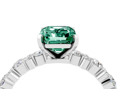 White gold Emerald Cut Green Sapphire Solitaire with Side Stones, Pave Band, Four-Prong Setting_52