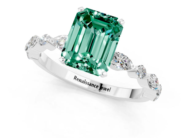 Silver Emerald Cut Green Sapphire Ring with Marquise and Round  Side Stones and Four-Prong Setting