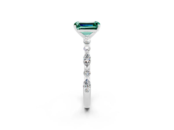 Platinum Emerald Cut Green Sapphire Ring with Marquise and Round  Side Stones and Four-Prong Setting