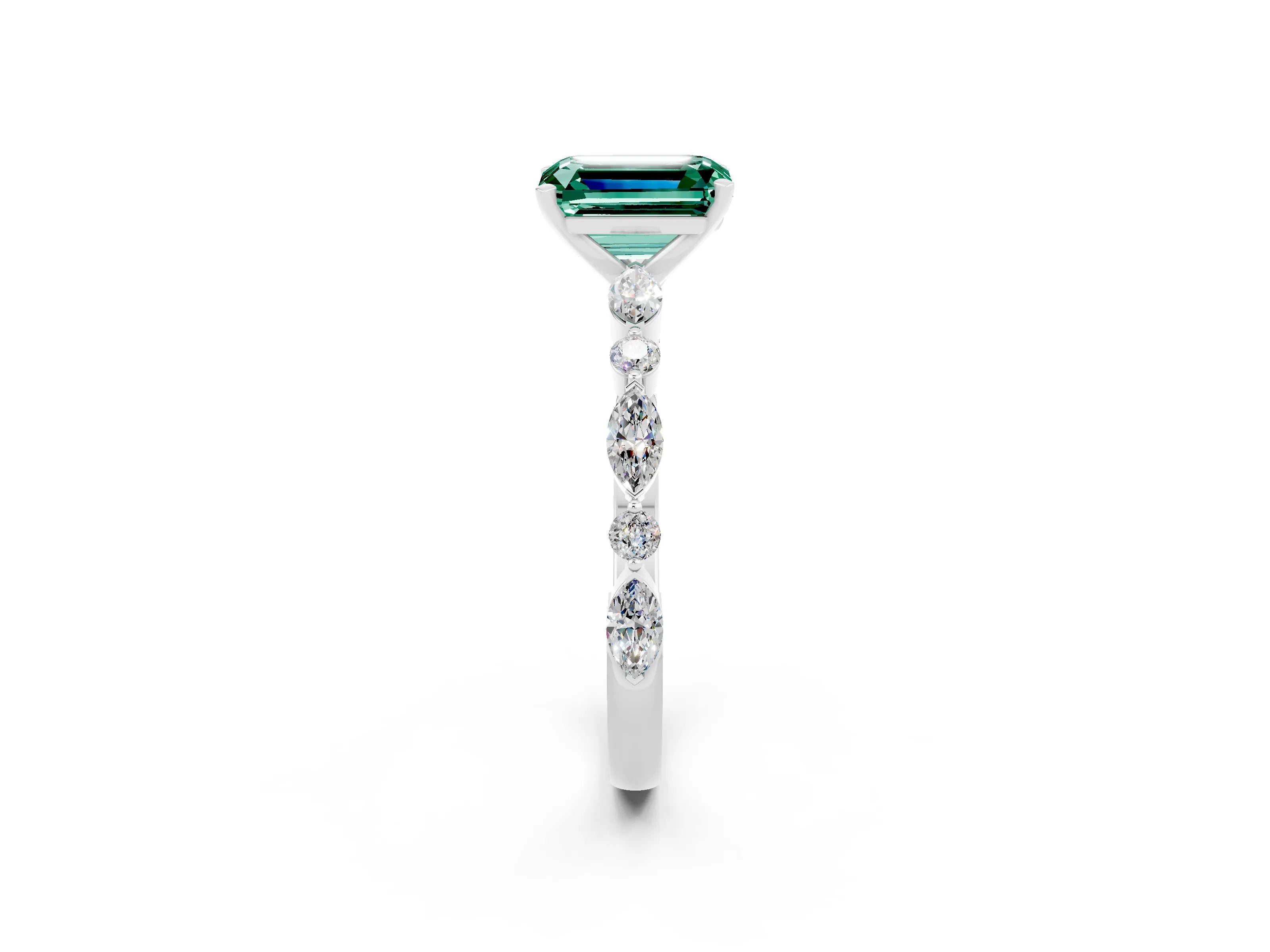 White gold Emerald Cut Green Sapphire Solitaire with Side Stones on a Pavé Band and Four-Prong Setting_2
