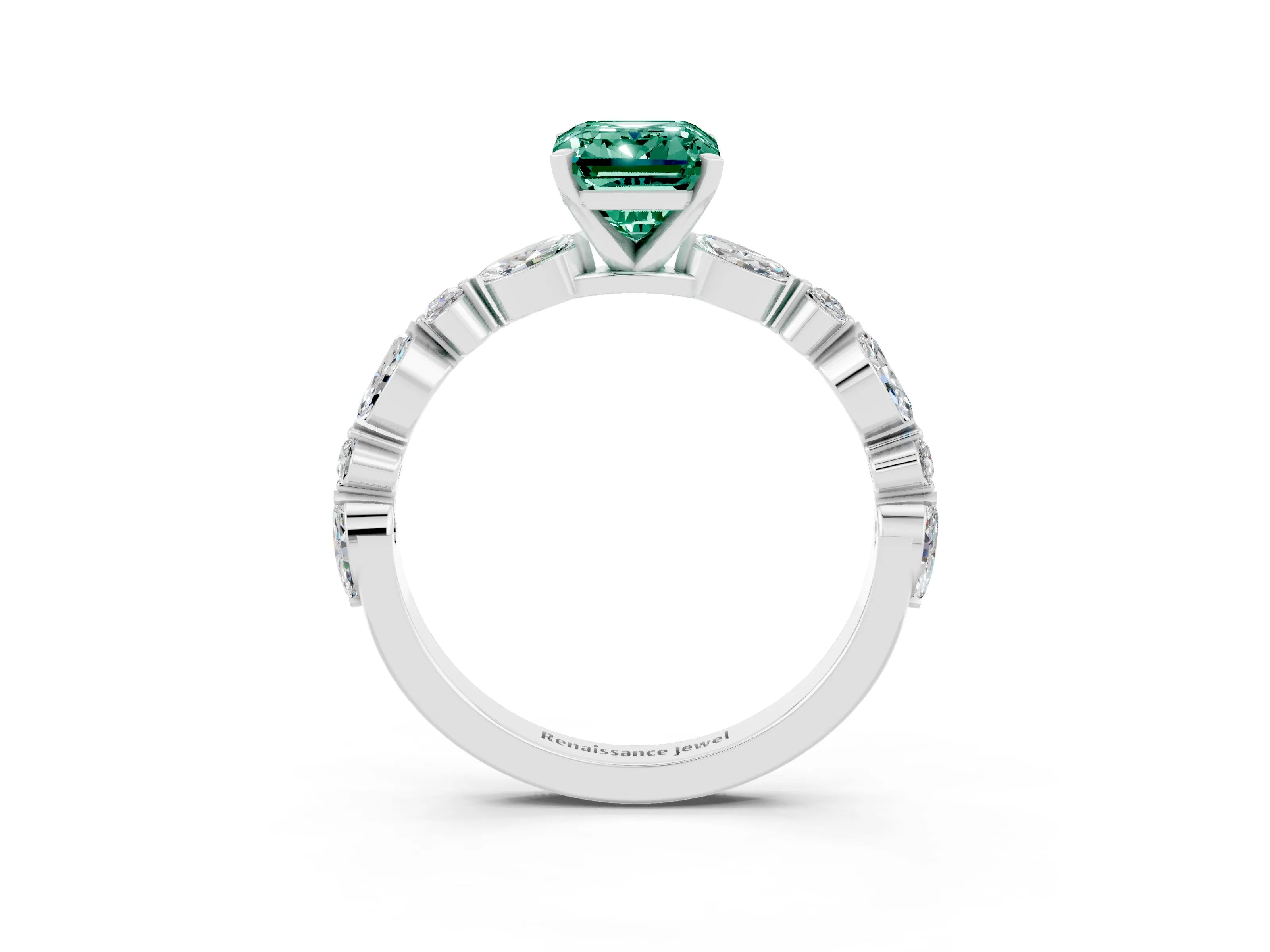 White gold Emerald Cut Green Sapphire Solitaire with Side Stones on a Pavé Band and Four-Prong Setting_3