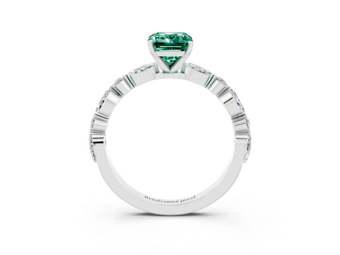White gold Emerald Cut Green Sapphire Solitaire with Side Stones on a Pavé Band and Four-Prong Setting_3