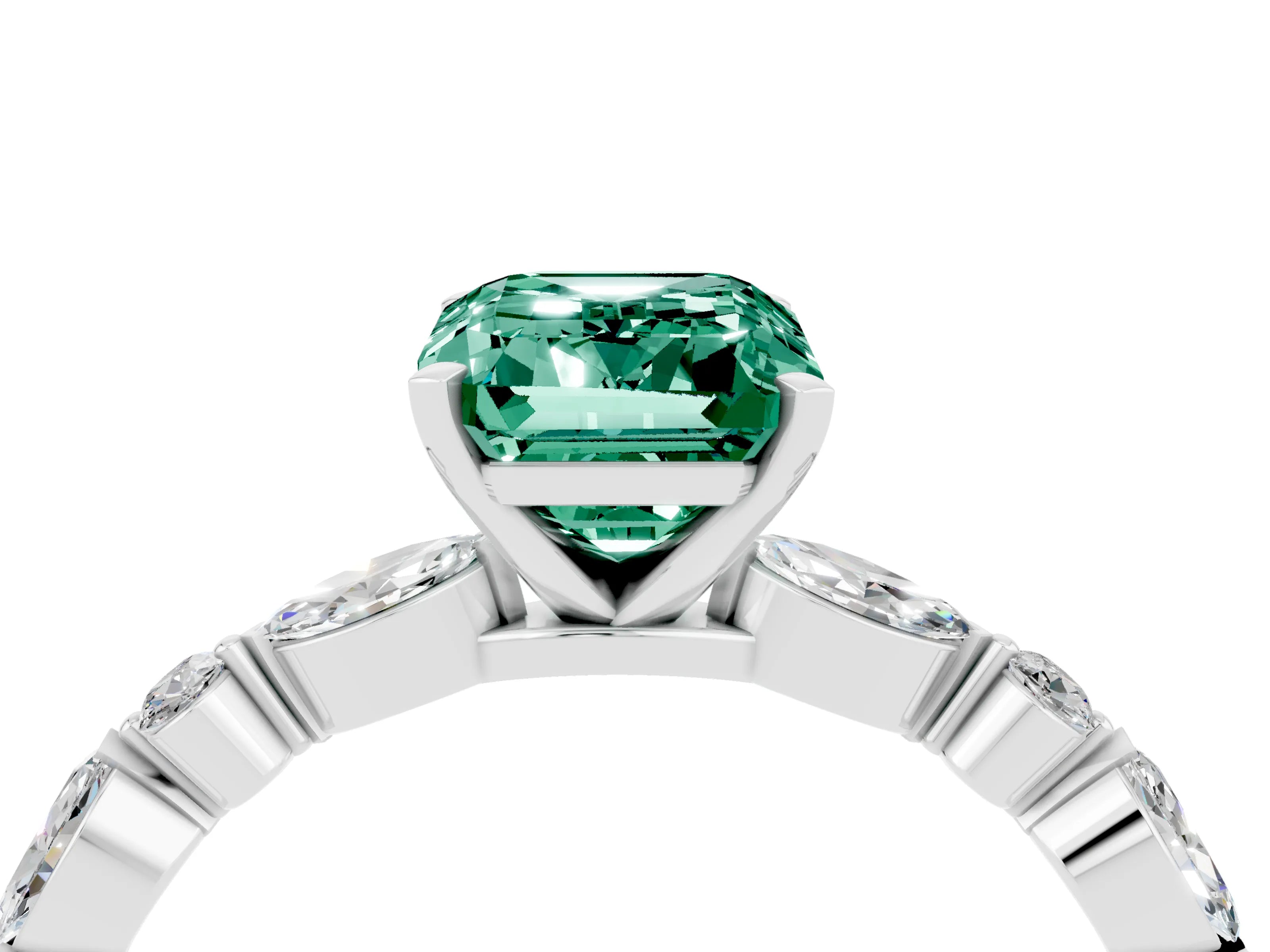 White gold Emerald Cut Green Sapphire Solitaire with Side Stones on a Pavé Band and Four-Prong Setting_4