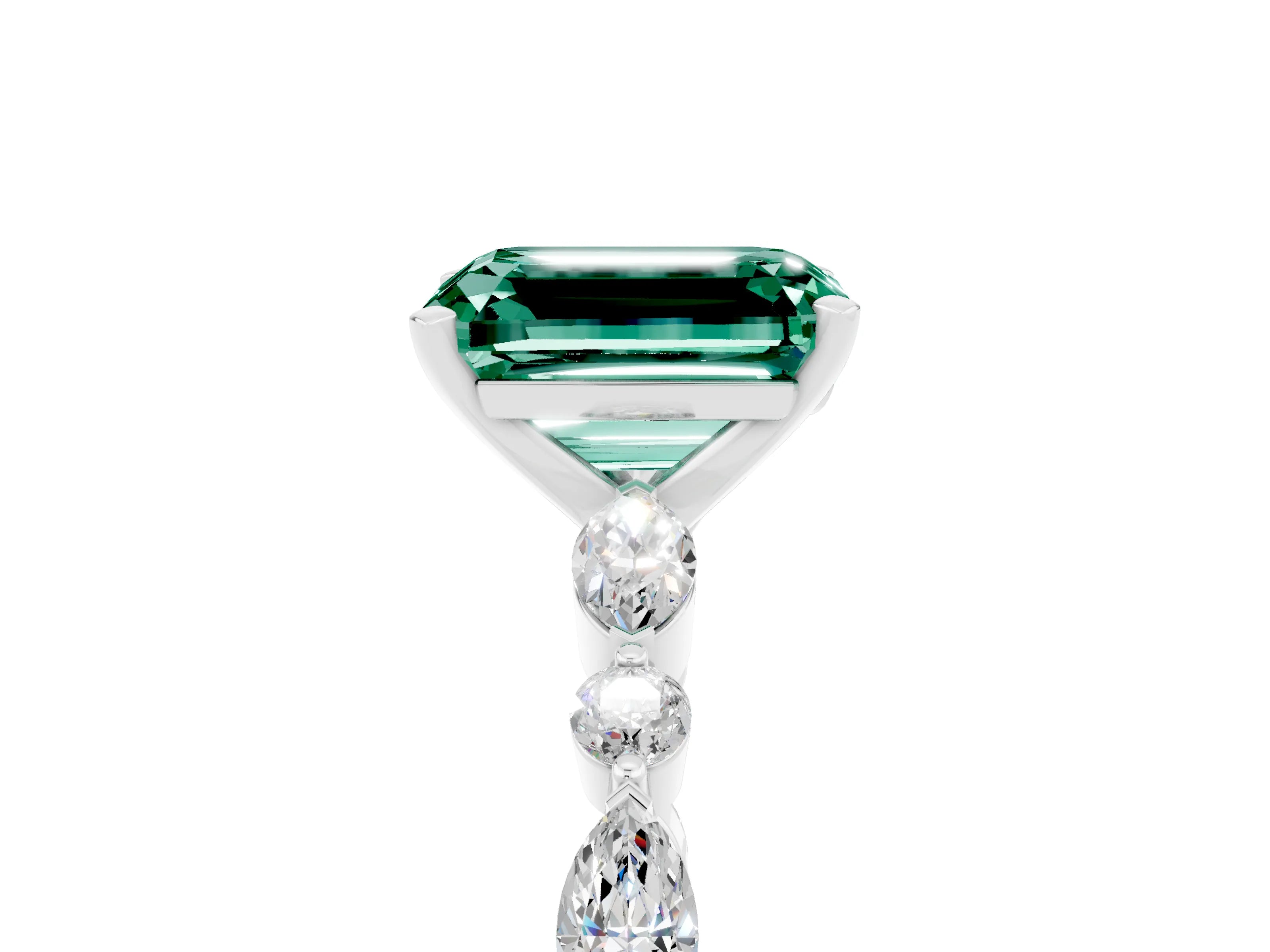 White gold Emerald Cut Green Sapphire Solitaire with Side Stones on a Pavé Band and Four-Prong Setting_5