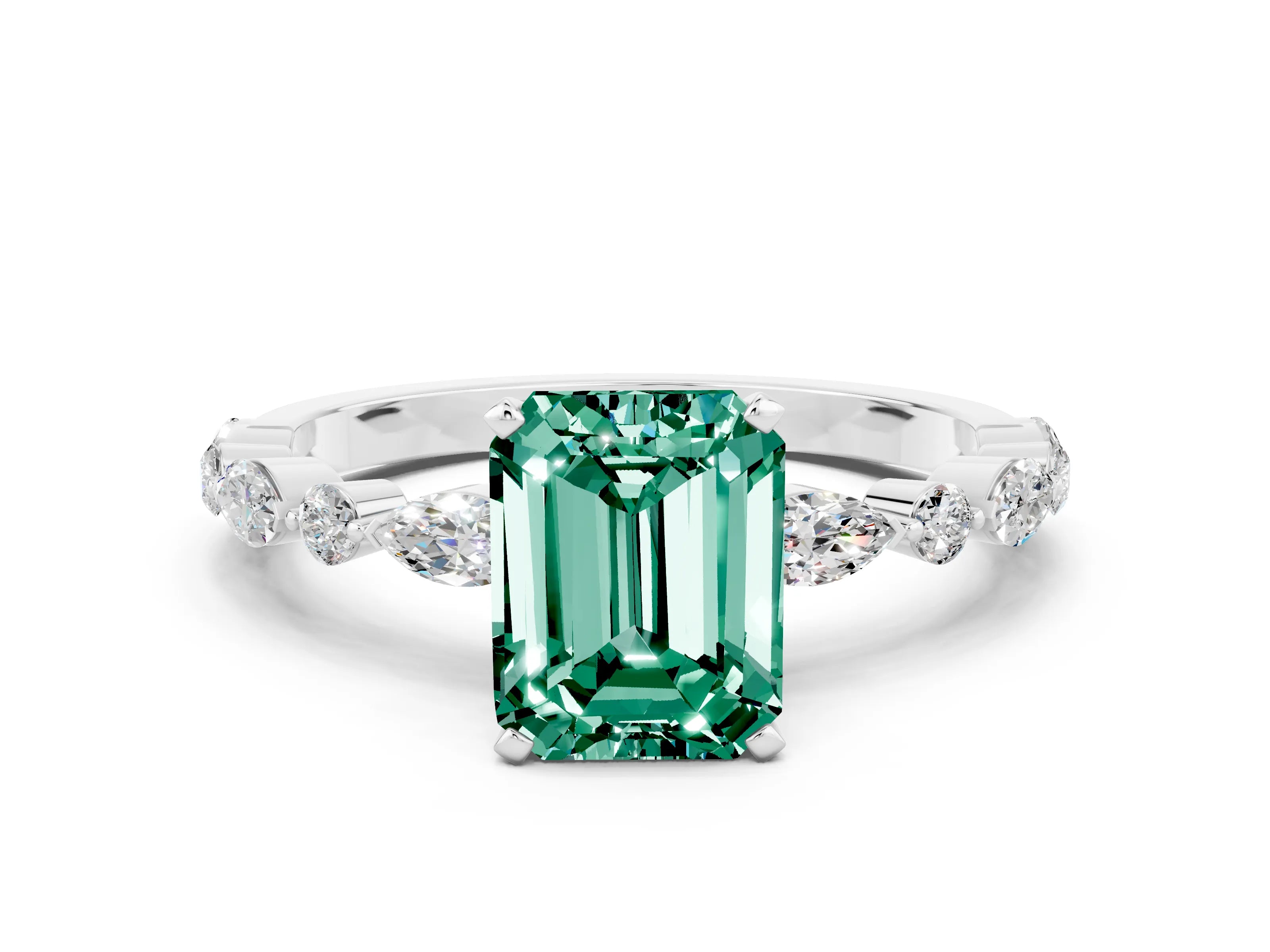 White gold Emerald Cut Green Sapphire Solitaire with Side Stones on a Pavé Band and Four-Prong Setting