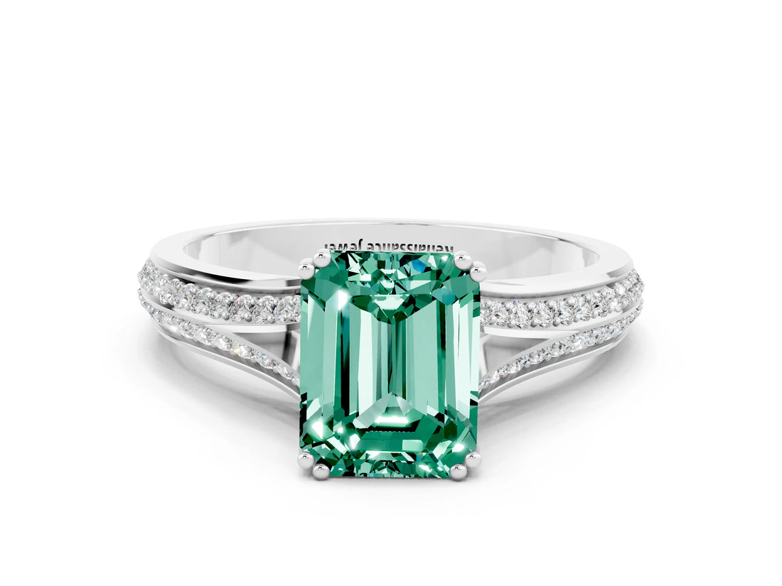 White gold Emerald Cut Green Sapphire Split Shank Engagement Ring with Pavé Band