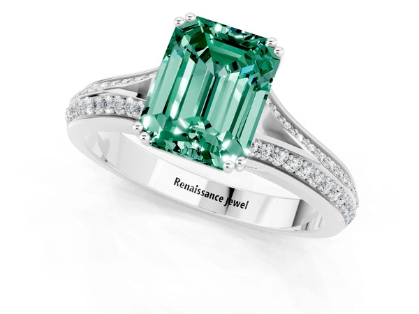 Platinum Emerald Cut Green Sapphire Split Shank Engagement Ring with Pavé Band