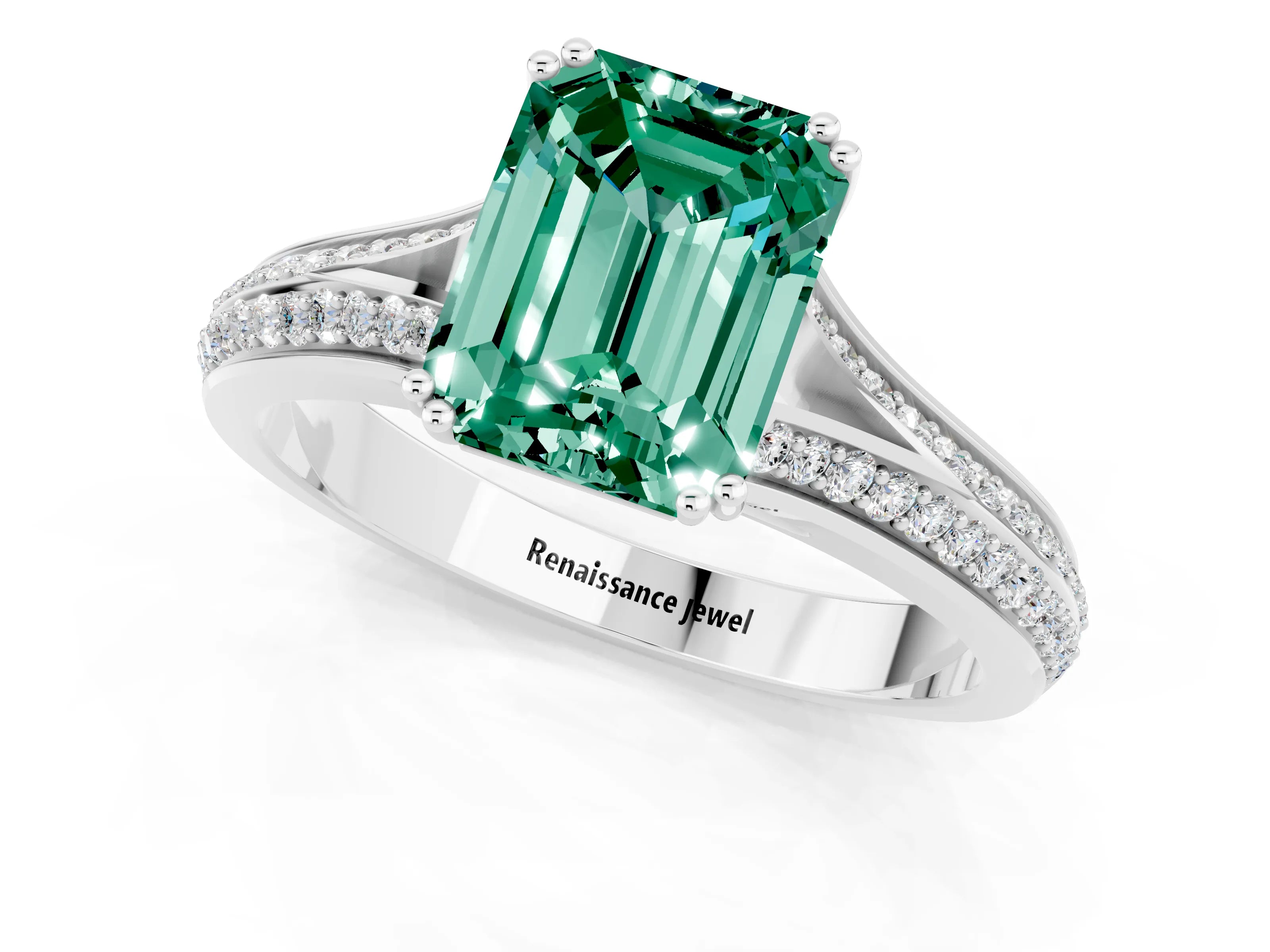 White gold Emerald Cut Green Sapphire Split Shank Engagement Ring with Pavé Band_1