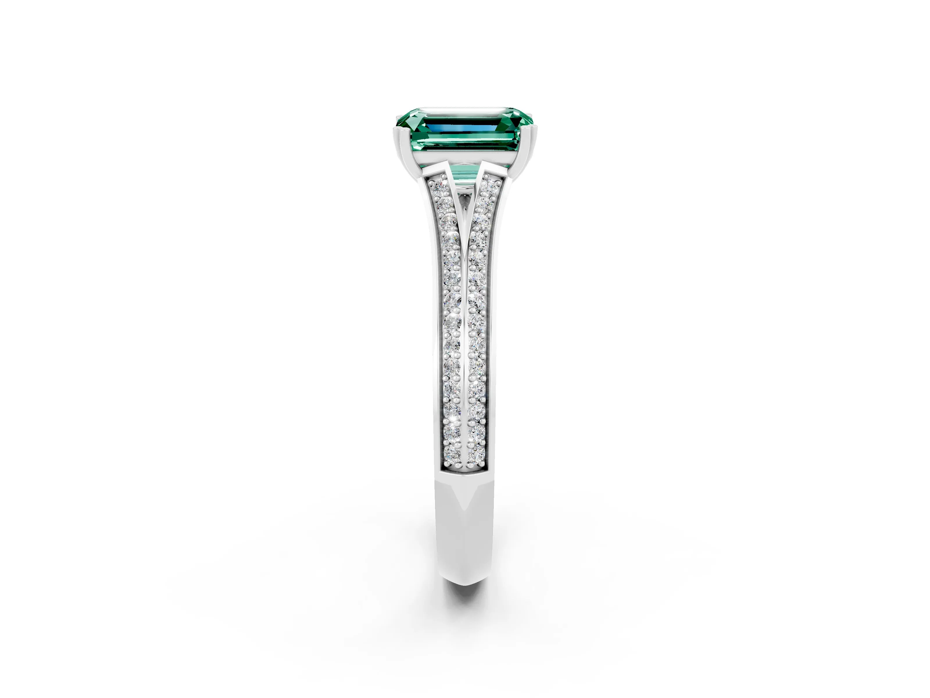 White gold Emerald Cut Green Sapphire Split Shank Engagement Ring with Pavé Band_2