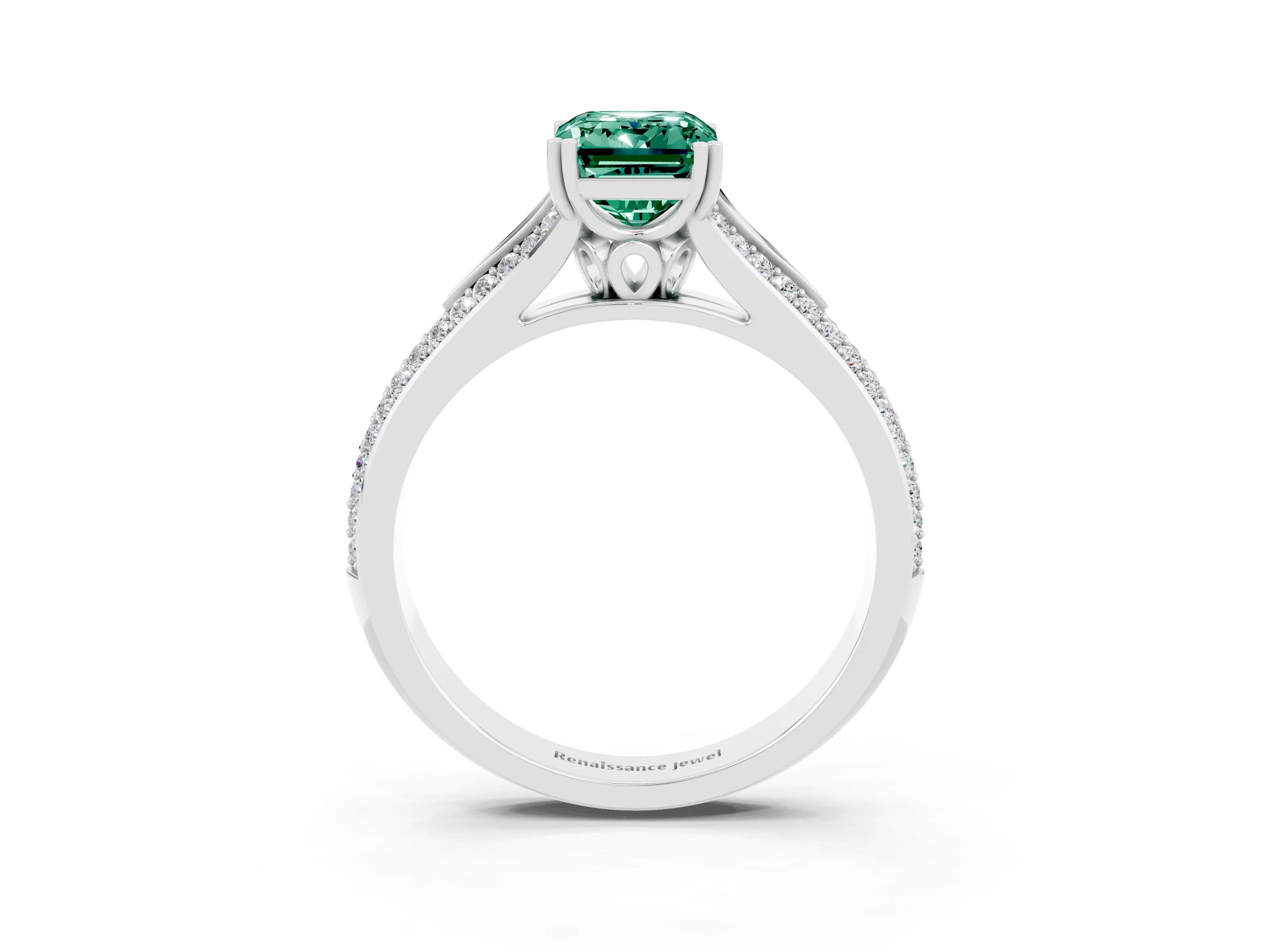 White gold Emerald Cut Green Sapphire Split Shank Engagement Ring with Pavé Band_3