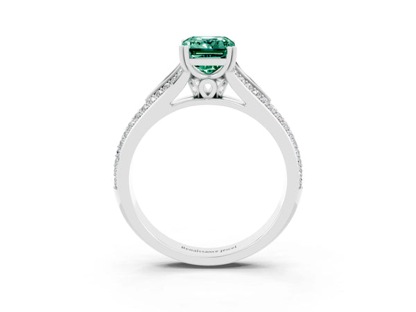 Platinum Emerald Cut Green Sapphire Split Shank Engagement Ring with Pavé Band