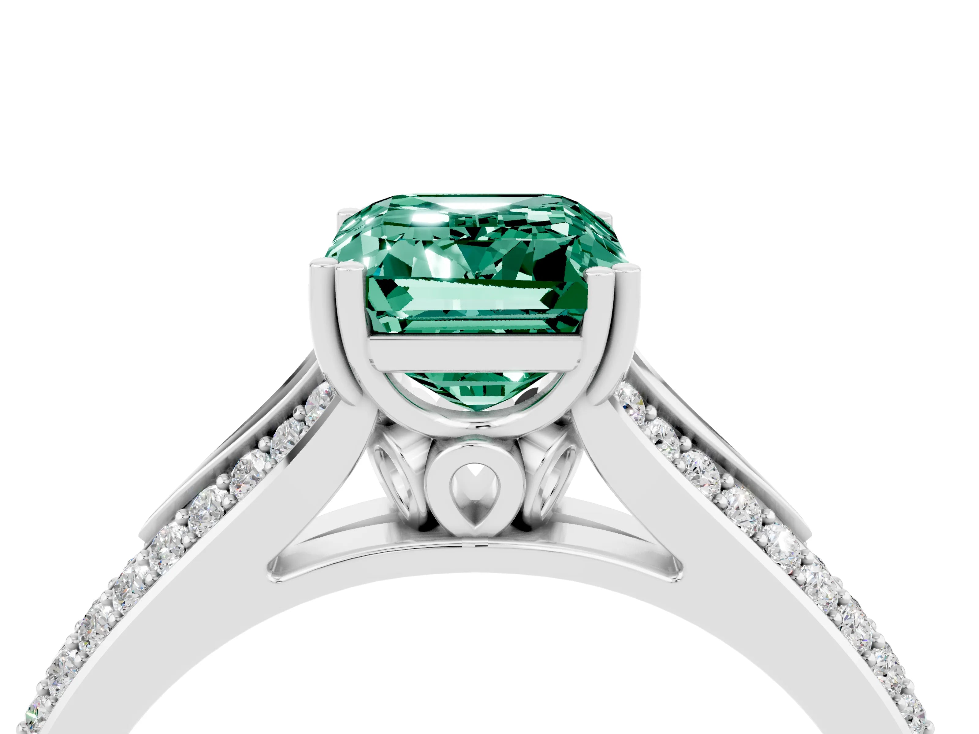 White gold Emerald Cut Green Sapphire Split Shank Engagement Ring with Pavé Band_4