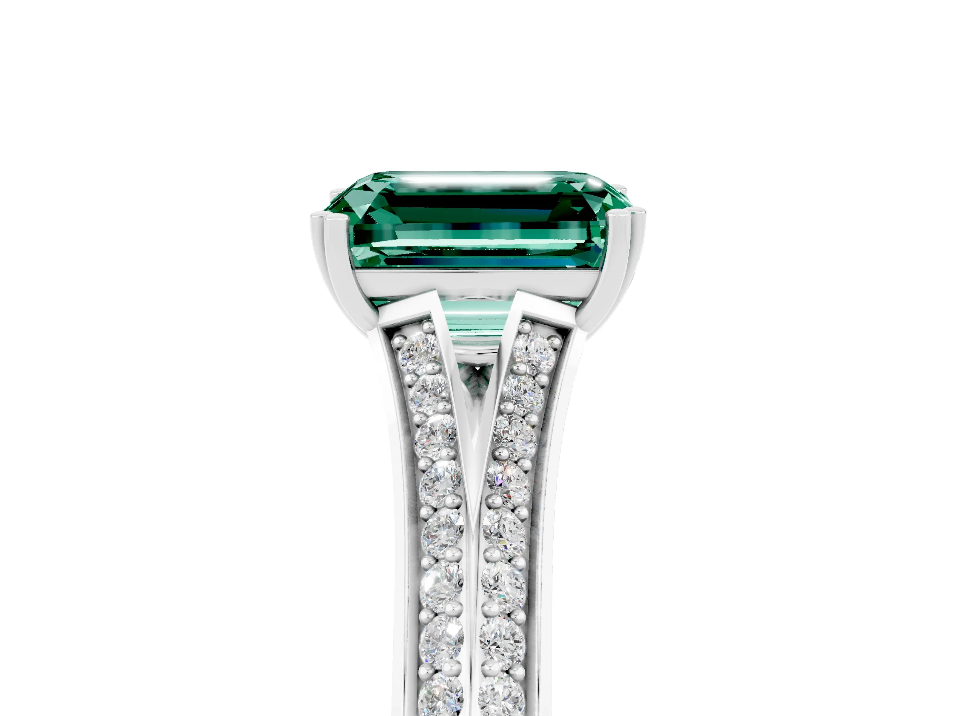 White gold Emerald Cut Green Sapphire Split Shank Engagement Ring with Pavé Band_5