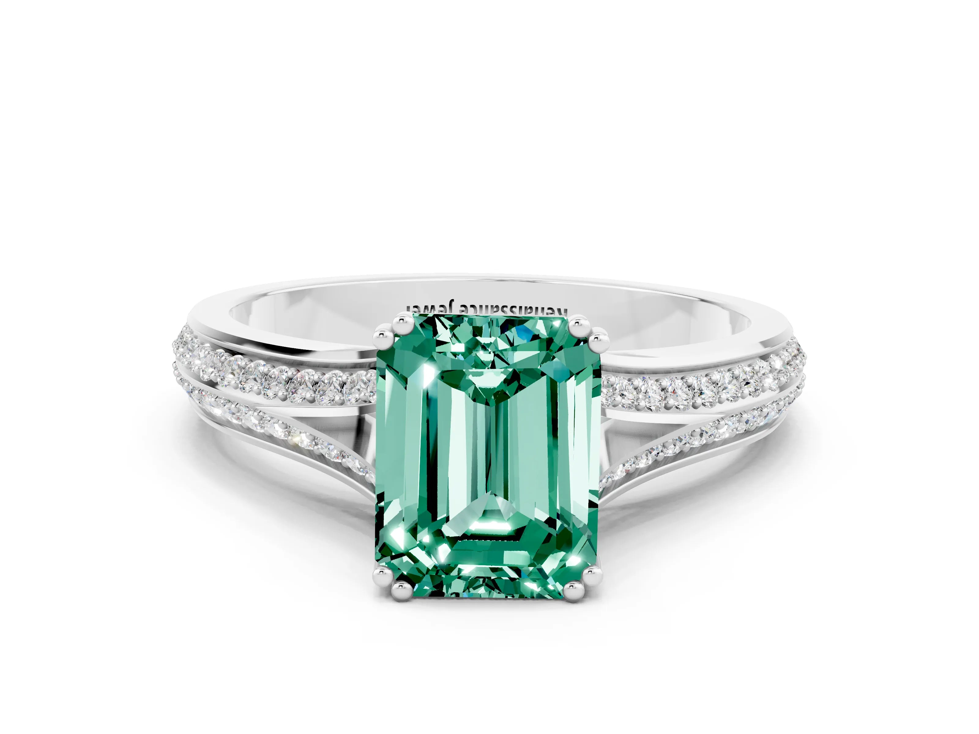 White gold Emerald Cut Green Sapphire Split Shank Engagement Ring with Pavé Band