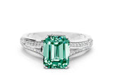 White gold Emerald Cut Green Sapphire Split Shank Engagement Ring with Pavé Band