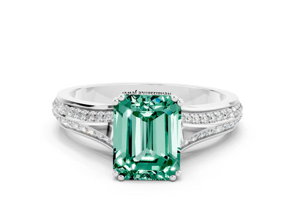 White gold Emerald Cut Green Sapphire Split Shank Engagement Ring with Pavé Band