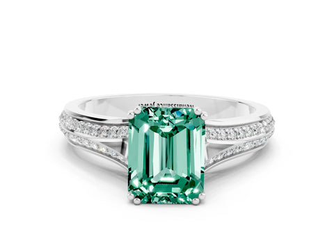 White gold Emerald Cut Green Sapphire Split Shank Engagement Ring with Pavé Band