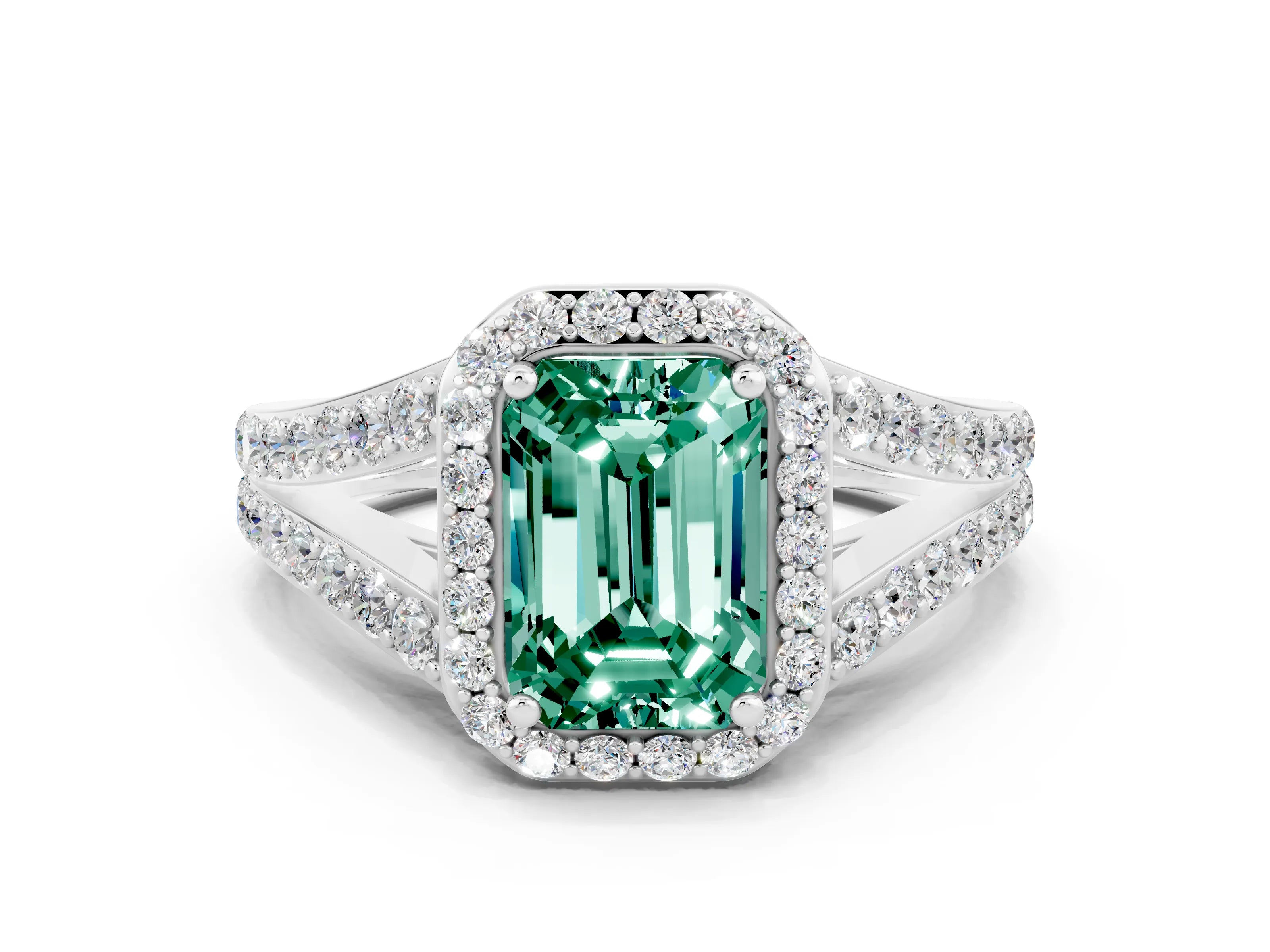 White gold Emerald Cut Green Sapphire Split Shank Halo Ring with Four-Prong Setting_12