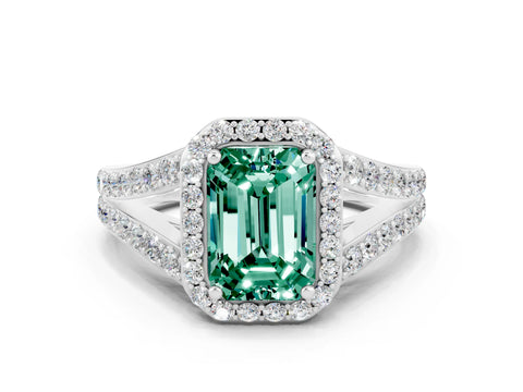 White gold Emerald Cut Green Sapphire Split Shank Halo Ring with Four-Prong Setting_12