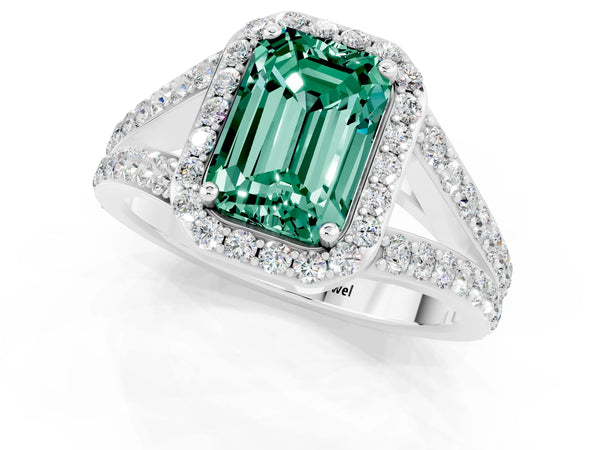 Silver Emerald Cut Green Sapphire Split Shank Halo Ring with Four-Prong Setting