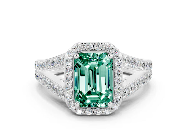 White gold Emerald Cut Green Sapphire Split Shank Halo Ring with Four-Prong Setting