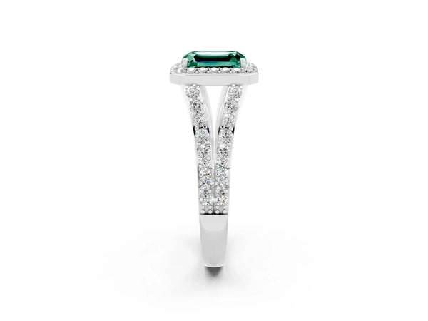 White gold Emerald Cut Green Sapphire Split Shank Halo Ring with Four-Prong Setting