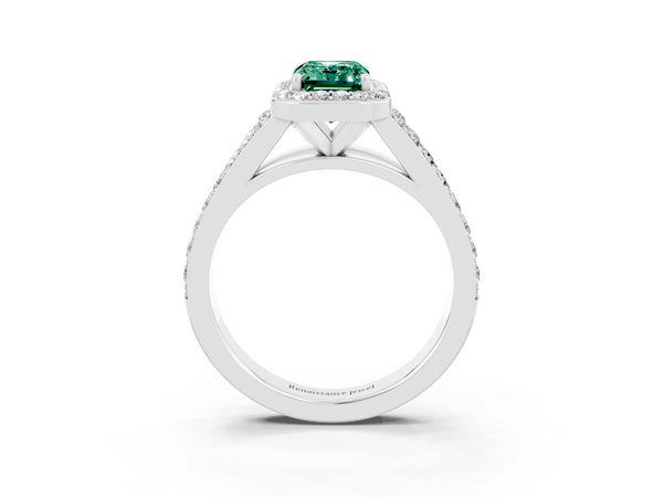 White gold Emerald Cut Green Sapphire Split Shank Halo Ring with Four-Prong Setting