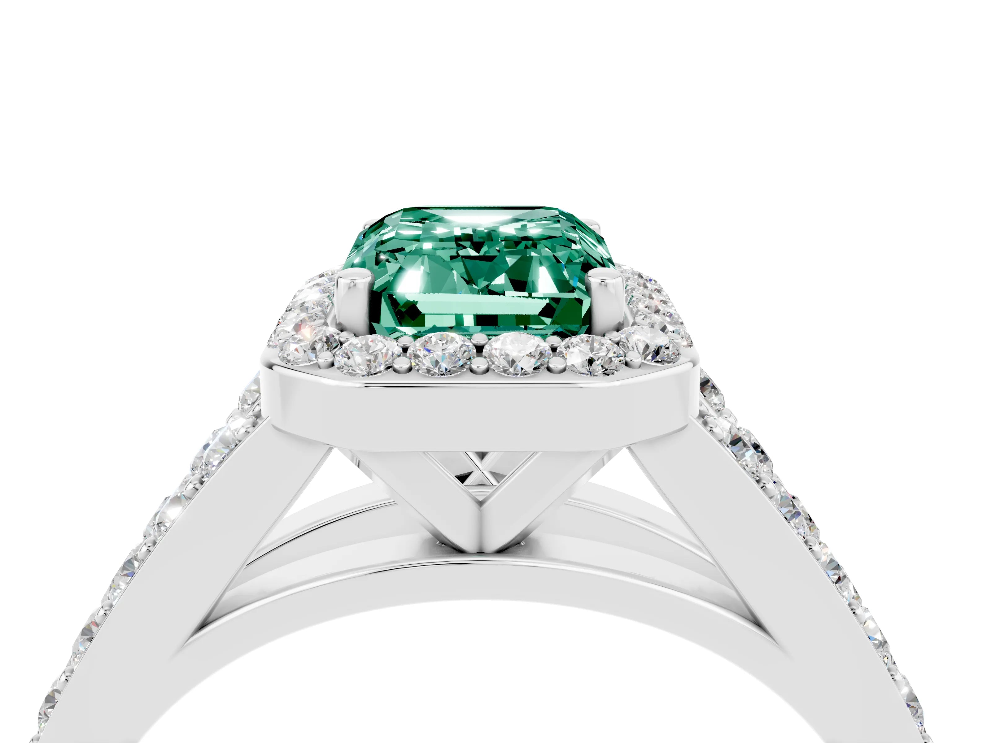 White gold Emerald Cut Green Sapphire Split Shank Halo Ring with Four-Prong Setting_28