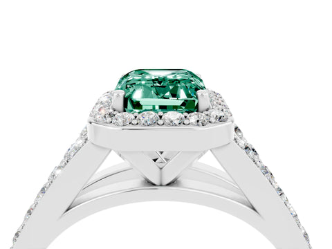 White gold Emerald Cut Green Sapphire Split Shank Halo Ring with Four-Prong Setting_28