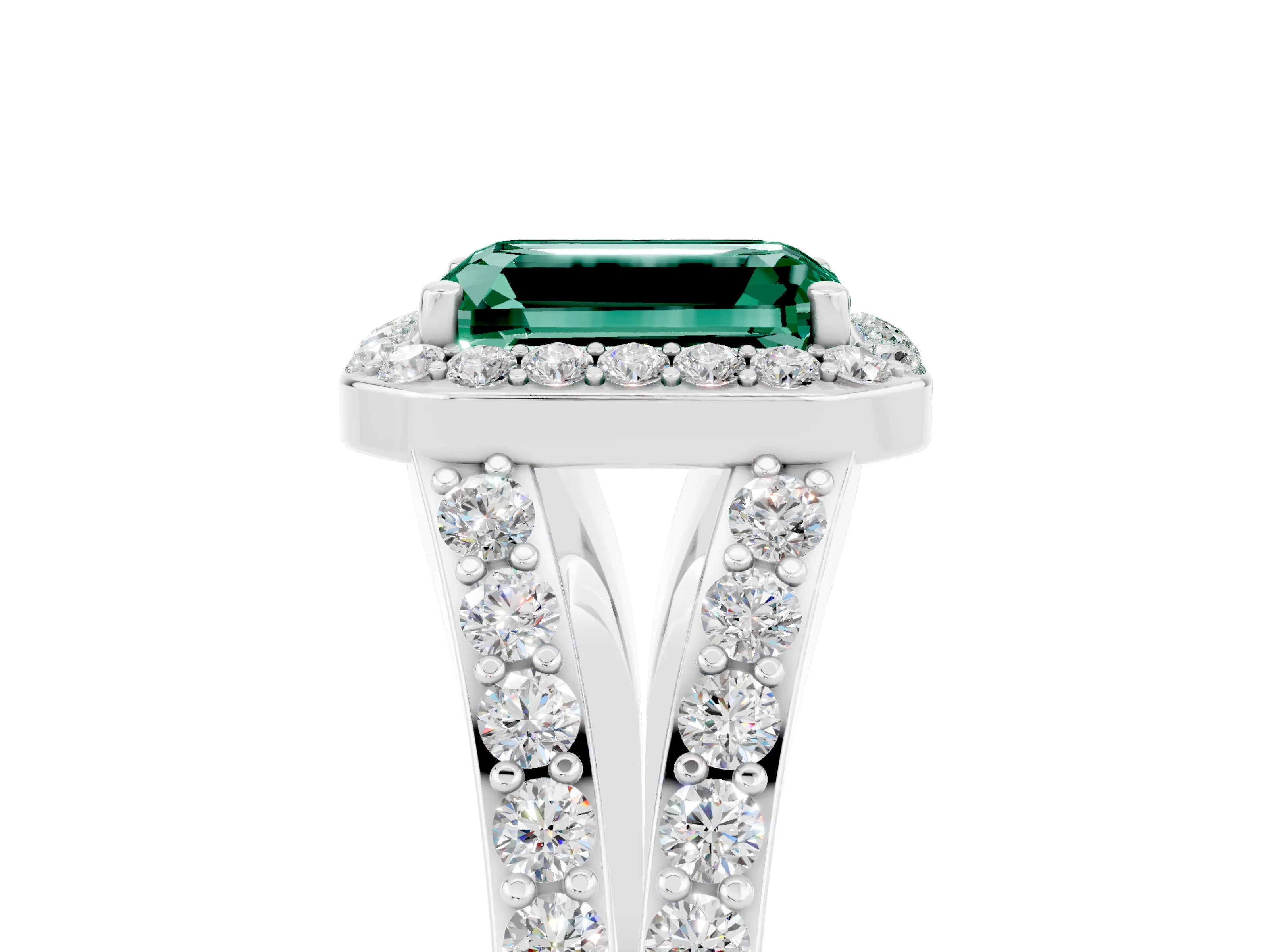 White gold Emerald Cut Green Sapphire Split Shank Halo Ring with Four-Prong Setting_29