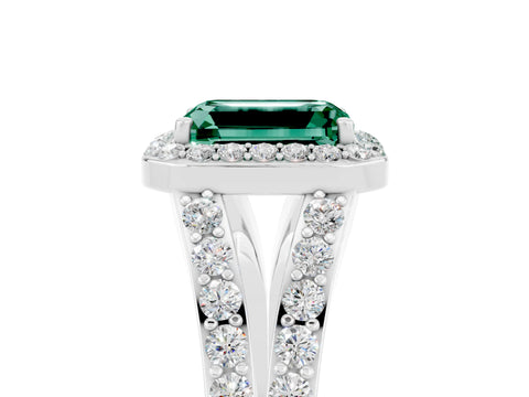 White gold Emerald Cut Green Sapphire Split Shank Halo Ring with Four-Prong Setting_29