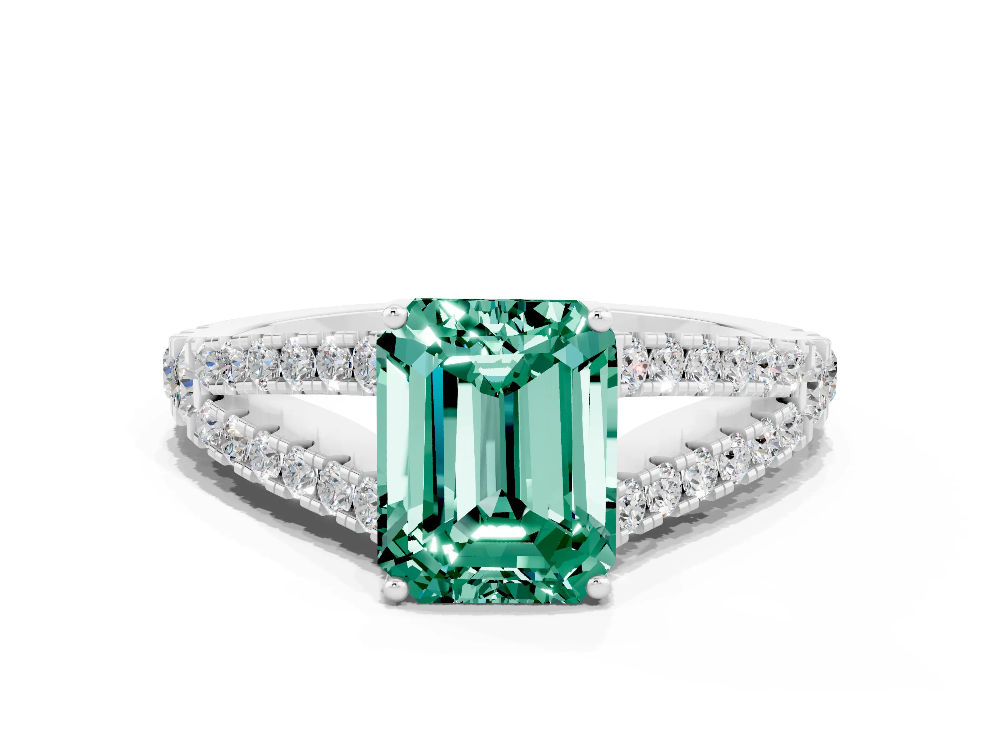 White gold Emerald Cut Green Sapphire Split Shank Pavé Engagement Ring with Four-Prong Setting_30
