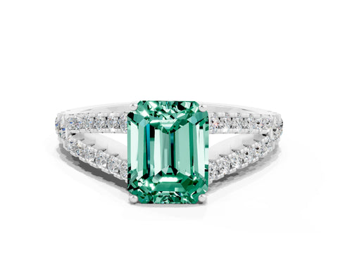 White gold Emerald Cut Green Sapphire Split Shank Pavé Engagement Ring with Four-Prong Setting_30