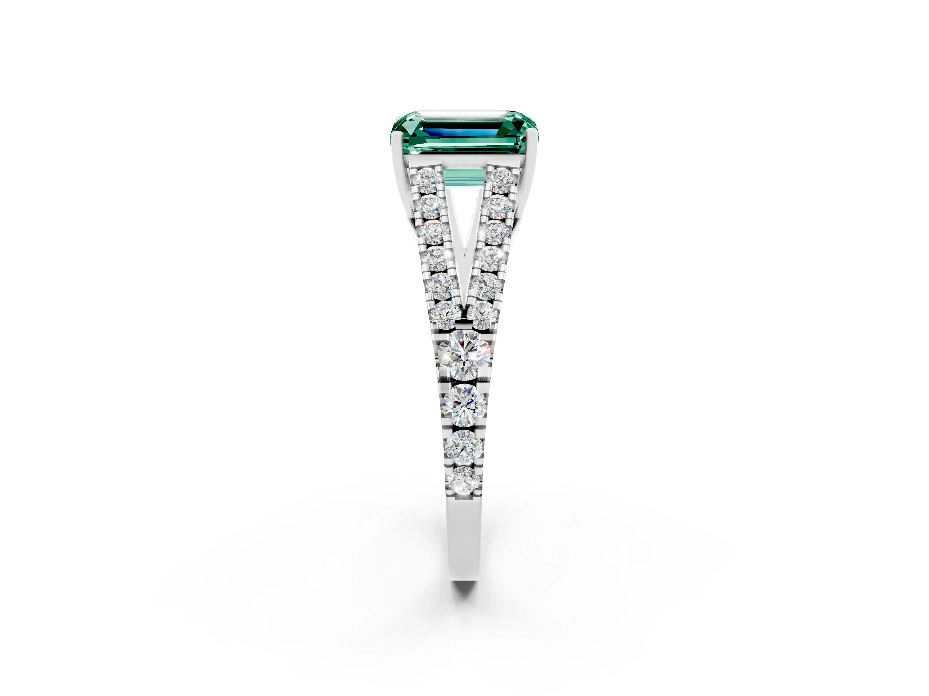 White gold Emerald Cut Green Sapphire Split Shank Pavé Engagement Ring with Four-Prong Setting_32