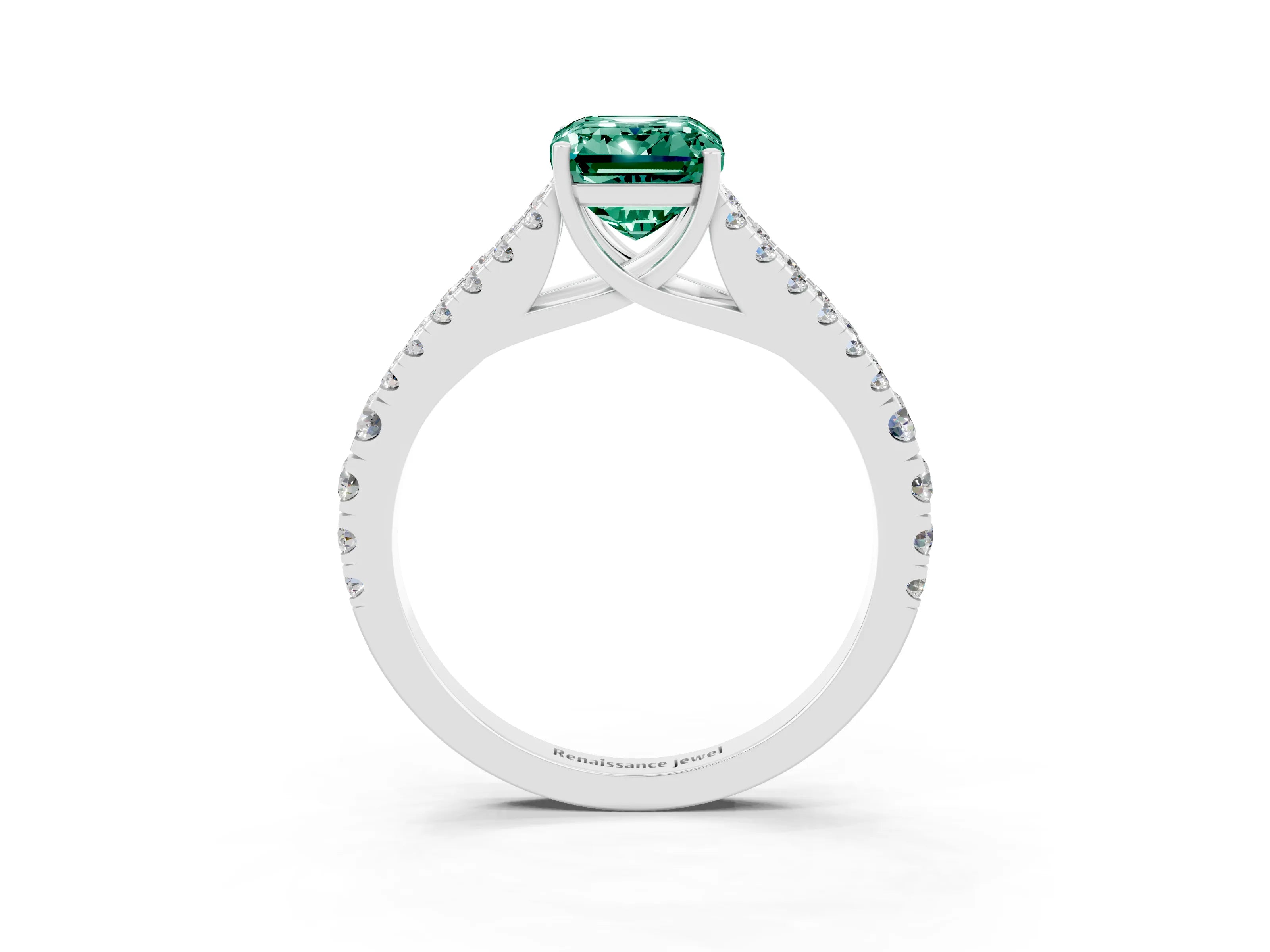 White gold Emerald Cut Green Sapphire Split Shank Pavé Engagement Ring with Four-Prong Setting_33