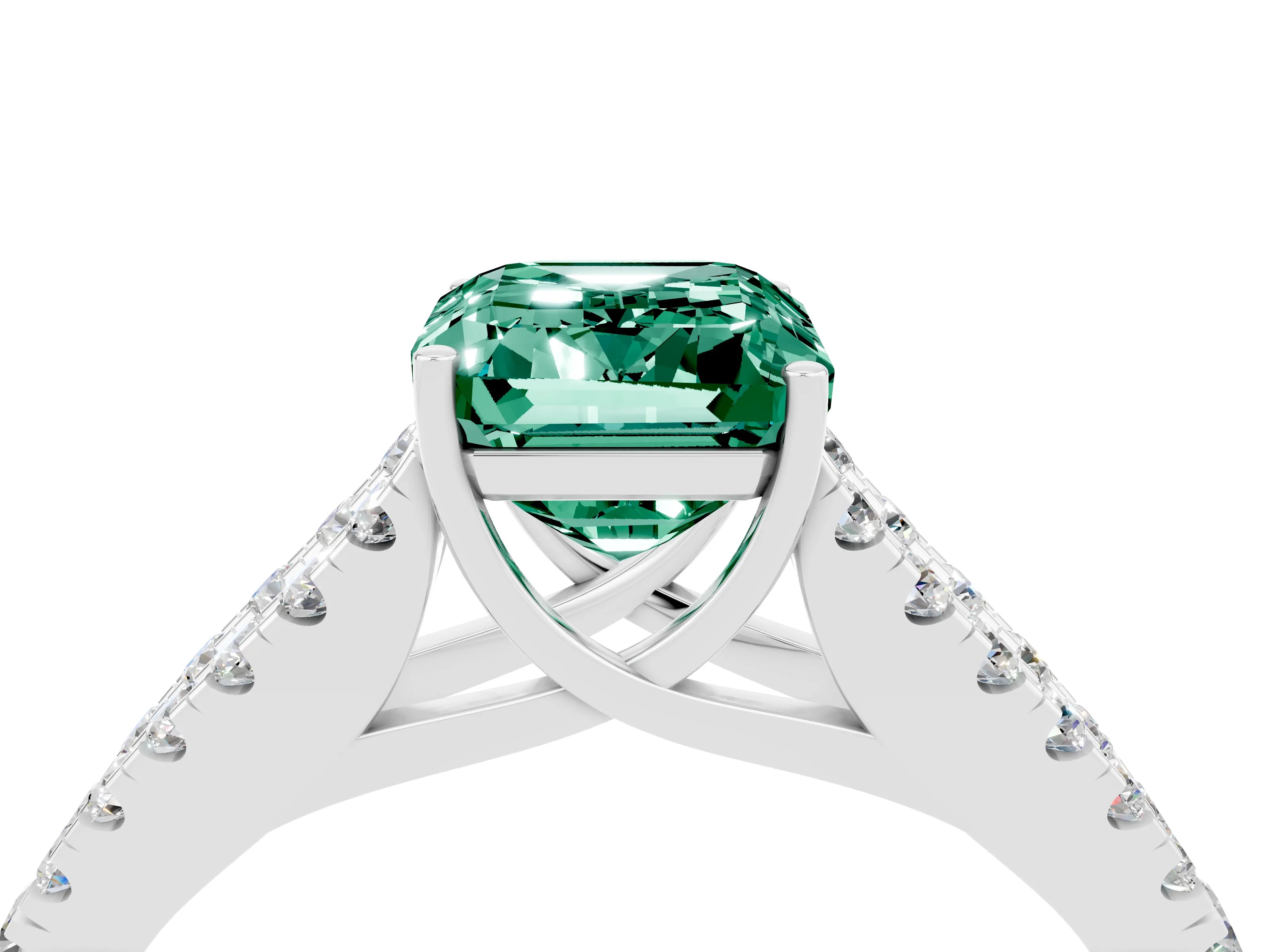 White gold Emerald Cut Green Sapphire Split Shank Pavé Engagement Ring with Four-Prong Setting_39