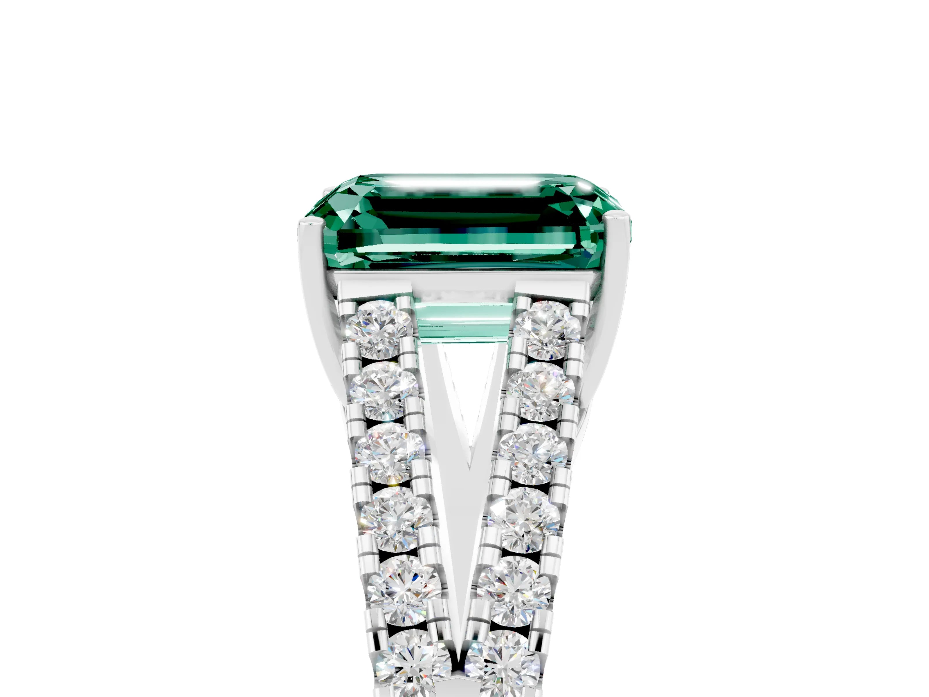 White gold Emerald Cut Green Sapphire Split Shank Pavé Engagement Ring with Four-Prong Setting_40
