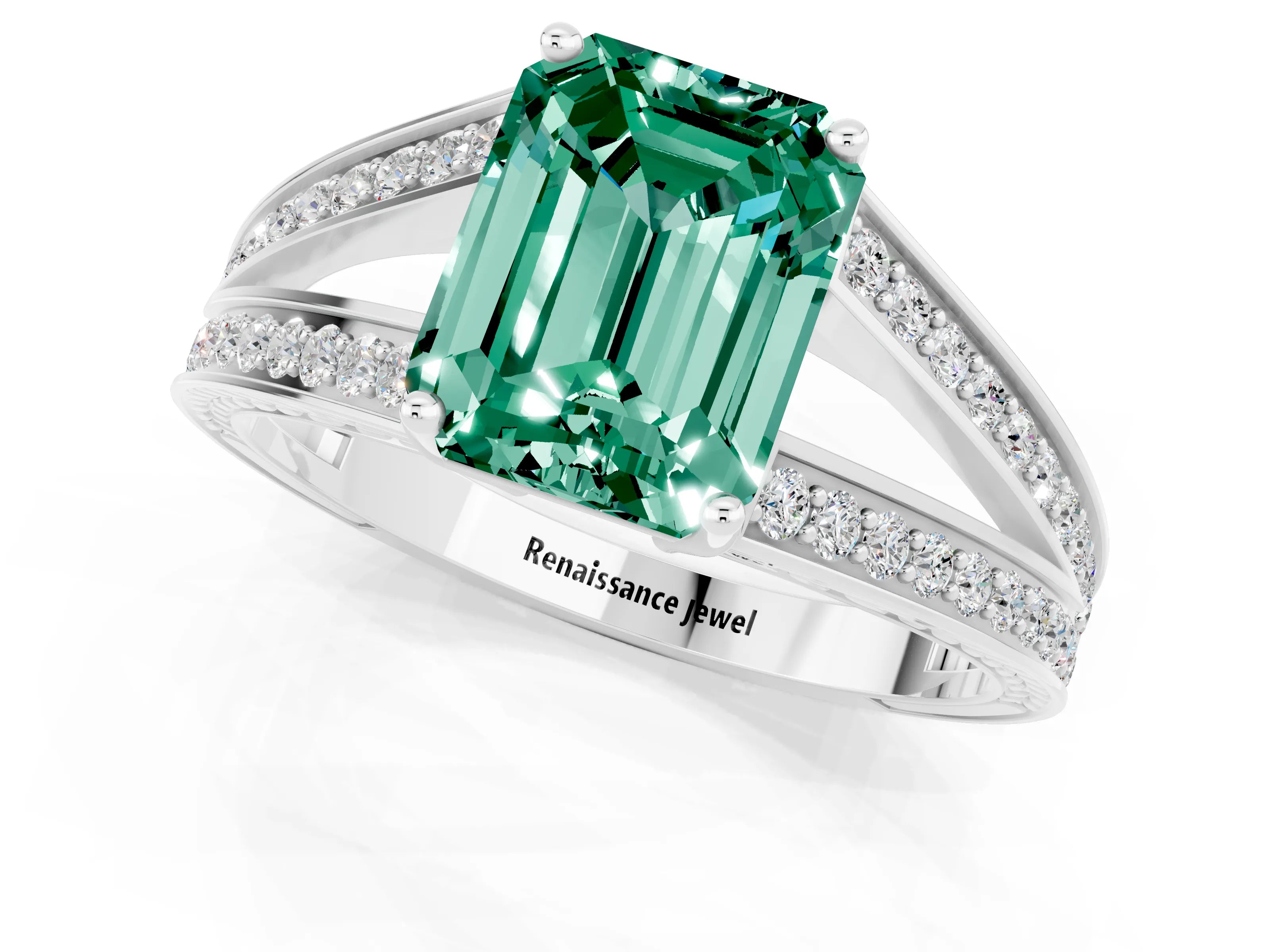White gold Emerald Cut Green Sapphire Split Shank Ring with Pavé Band and Four-Prong Setting_1