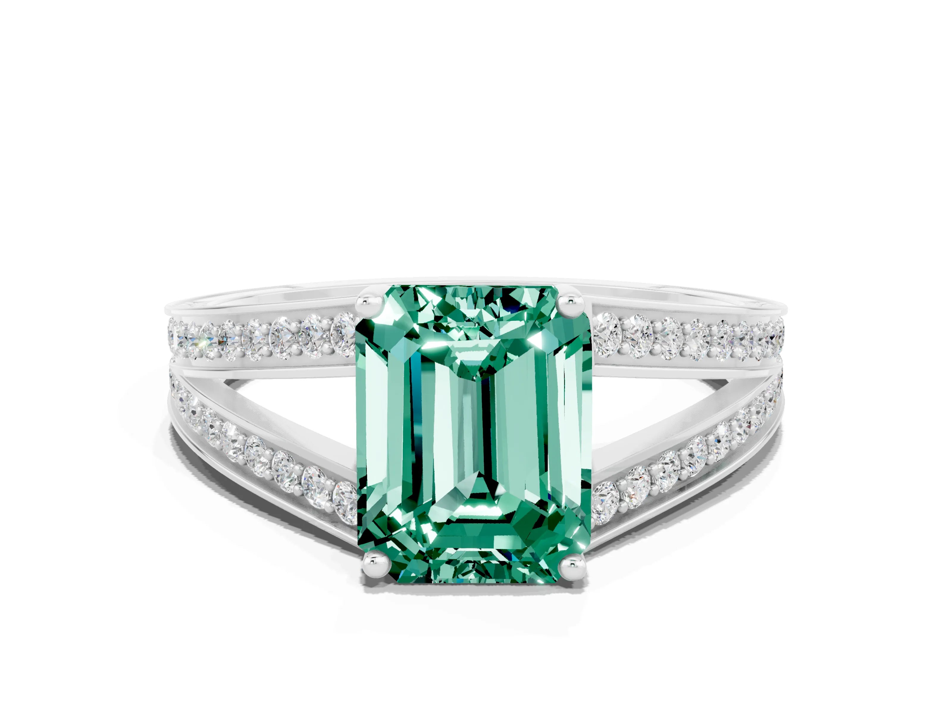 White gold Emerald Cut Green Sapphire Split Shank Ring with Pavé Band and Four-Prong Setting