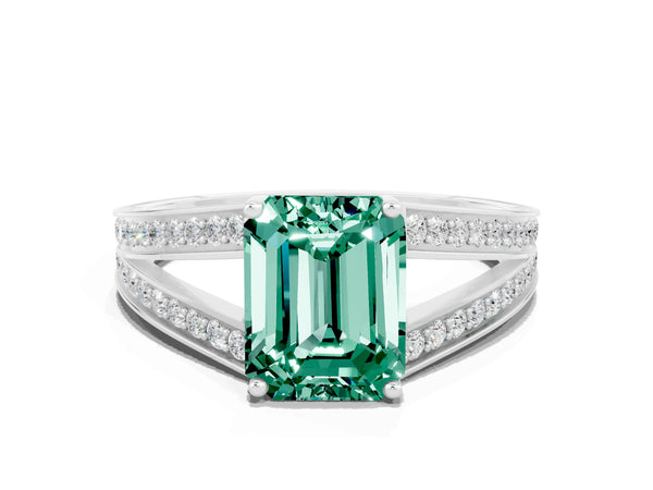 White gold Emerald Cut Green Sapphire Split Shank Ring with Pavé Band and Four-Prong Setting