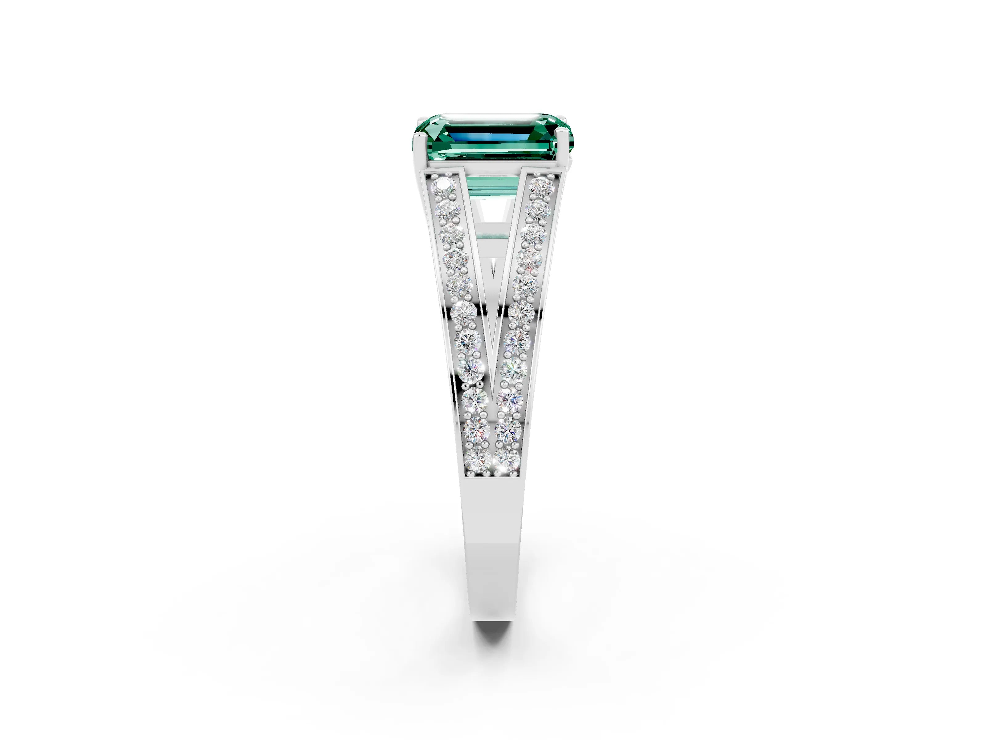 White gold Emerald Cut Green Sapphire Split Shank Ring with Pavé Band and Four-Prong Setting_2
