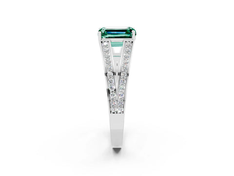 White gold Emerald Cut Green Sapphire Split Shank Ring with Pavé Band and Four-Prong Setting_2