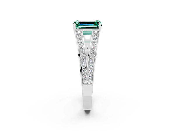 White gold Emerald Cut Green Sapphire Split Shank Ring with Pavé Band and Four-Prong Setting