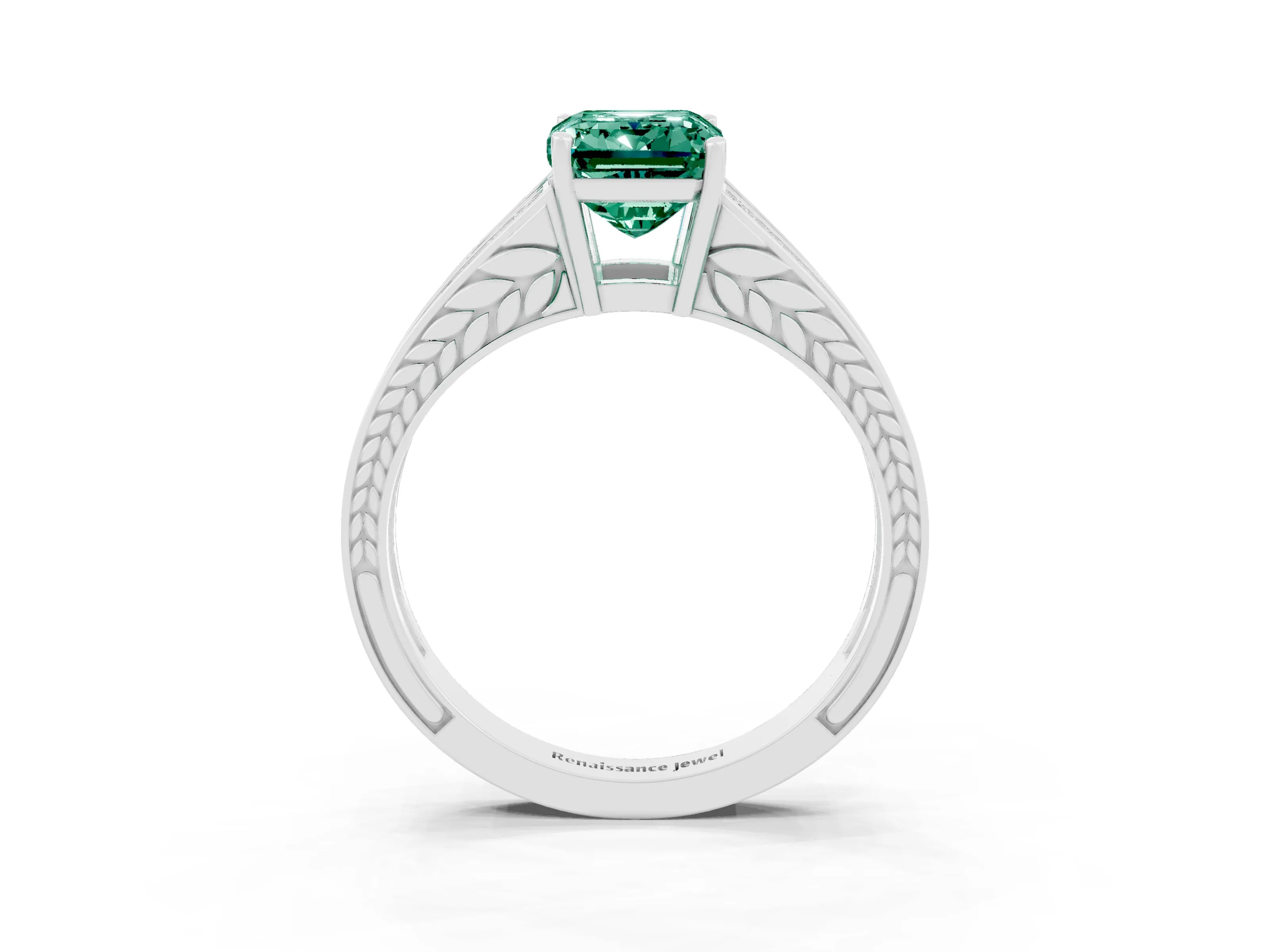 White gold Emerald Cut Green Sapphire Split Shank Ring with Pavé Band and Four-Prong Setting_3