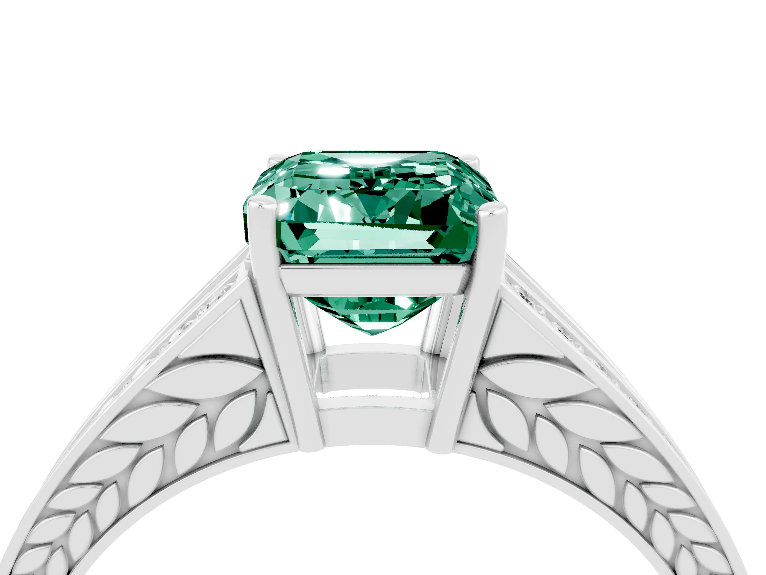 White gold Emerald Cut Green Sapphire Split Shank Ring with Pavé Band and Four-Prong Setting_4