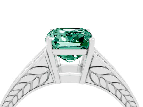 White gold Emerald Cut Green Sapphire Split Shank Ring with Pavé Band and Four-Prong Setting_4