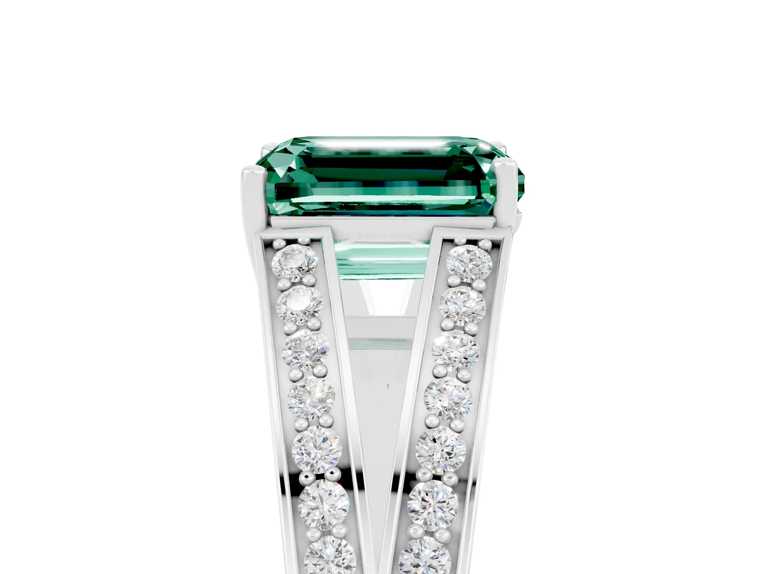 White gold Emerald Cut Green Sapphire Split Shank Ring with Pavé Band and Four-Prong Setting_5