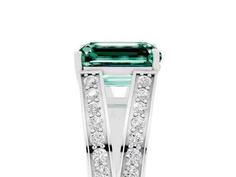 White gold Emerald Cut Green Sapphire Split Shank Ring with Pavé Band and Four-Prong Setting_5