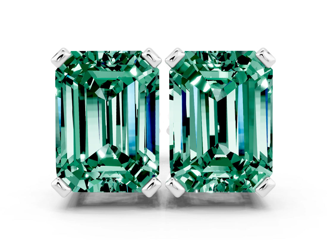 White gold Emerald Cut Green Sapphire Stud Earrings_36