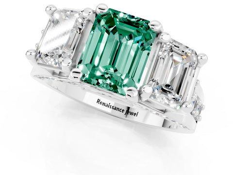 White gold Emerald Cut Green Sapphire Three-Stone Ring with Channel Set Band and Four-Prong Setting_1